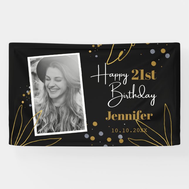 Cute Happy Birthday Any Year Personalized Black Banner (Horizontal)