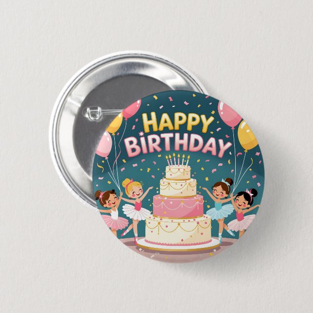 Cute Happy Birthday ballerina theme Button (Front & Back)
