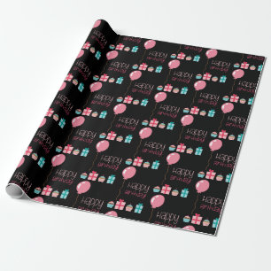 Cute Happy Birthday Balloons Black and Pink Wrapping Paper