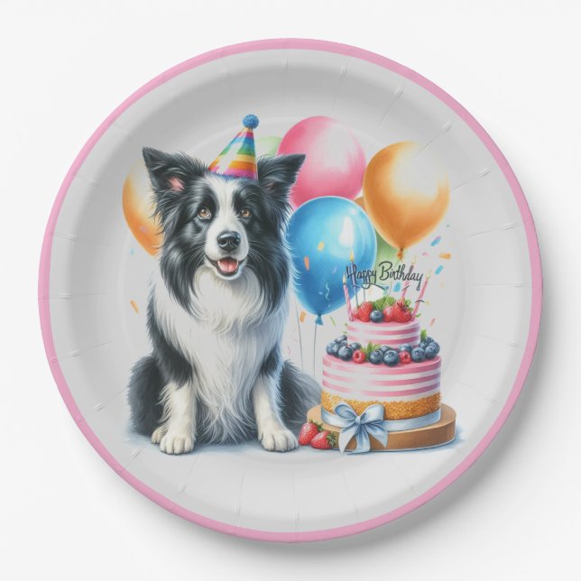 Cute Happy Birthday Border Collie Party Paper Plates (Front)
