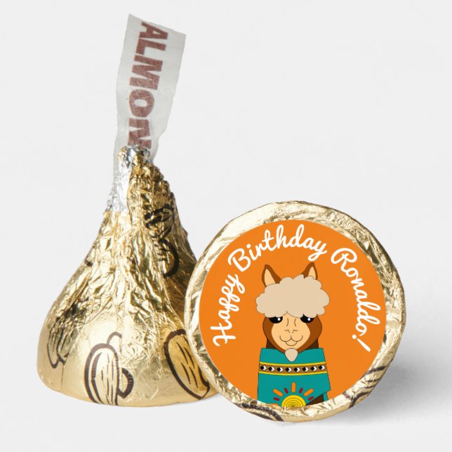 Cute Happy Birthday Boy Alpaca in Teal Serape Hershey®'s Kisses® (Front)