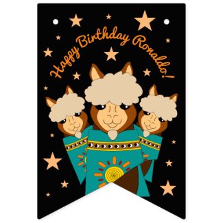 Cute Happy Birthday Boy Alpacas in Teal Serapes Bunting Flags