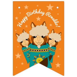 Cute Happy Birthday Boy Alpacas in Teal Serapes Bunting Flags