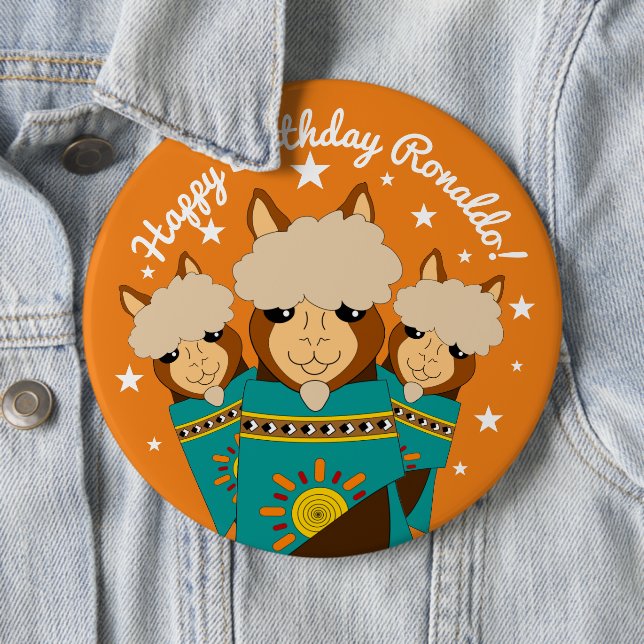 Cute Happy Birthday Boy Alpacas in Teal Serapes Button (In Situ)