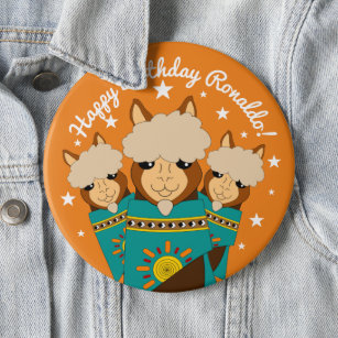 Cute Happy Birthday Boy Alpacas in Teal Serapes Button