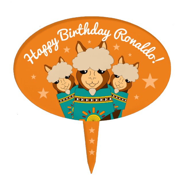 Cute Happy Birthday Boy Alpacas in Teal Serapes Cake Topper (Front)