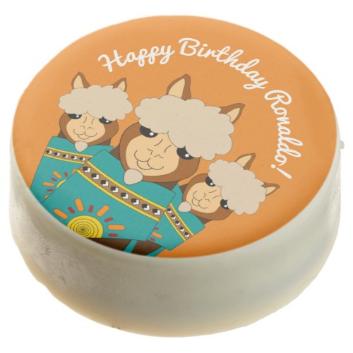 Cute Happy Birthday Boy Alpacas in Teal Serapes Chocolate Covered Oreo