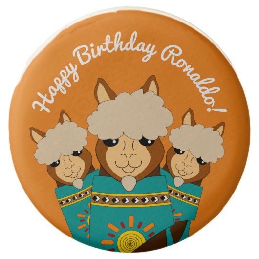 Cute Happy Birthday Boy Alpacas in Teal Serapes Chocolate Covered Oreo (Front)