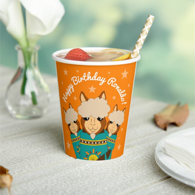 Cute Happy Birthday Boy Alpacas in Teal Serapes Paper Cups (Insitu)