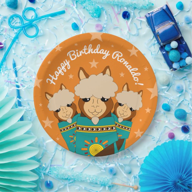 Cute Happy Birthday Boy Alpacas in Teal Serapes Paper Plates (Party)