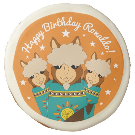 Cute Happy Birthday Boy Alpacas in Teal Serapes Sugar Cookie (Front)