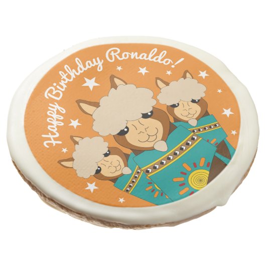 Cute Happy Birthday Boy Alpacas in Teal Serapes Sugar Cookie (Angled)
