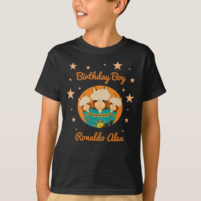 Cute Happy Birthday Boy Alpacas in Teal Serapes T-Shirt (Front)