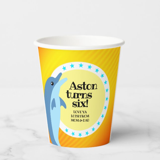 Cute Happy Birthday Boy Blue Dolphin in the Sun Paper Cups (Front)