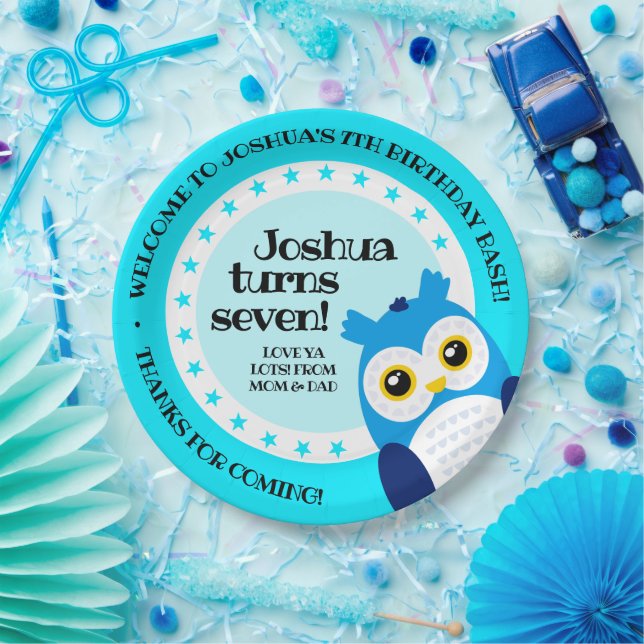 Cute Happy Birthday Boy Blue Owl Paper Plates (Party)