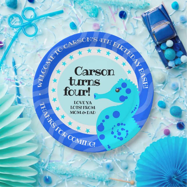 Cute Happy Birthday Boy Blue Seahorse on Waves Paper Plates (Party)