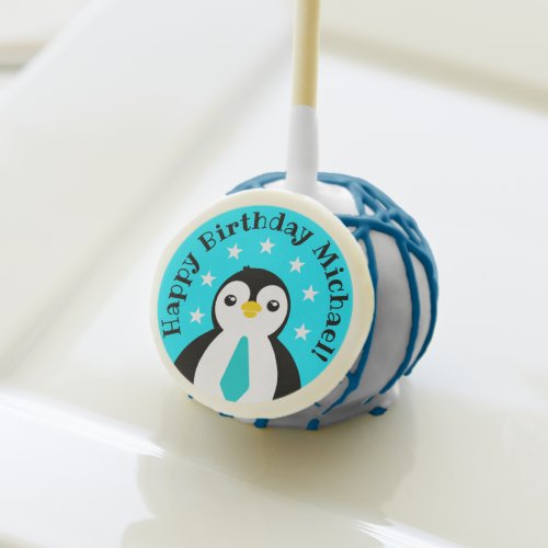 Cute Happy Birthday Boy Penguin Blue Necktie Cake Pops
