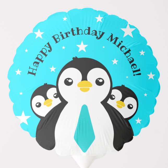 Cute Happy Birthday Boy Penguins Blue Neckties Balloon (Front)