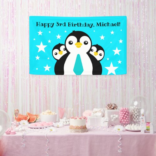 Cute Happy Birthday Boy Penguins Blue Neckties Banner