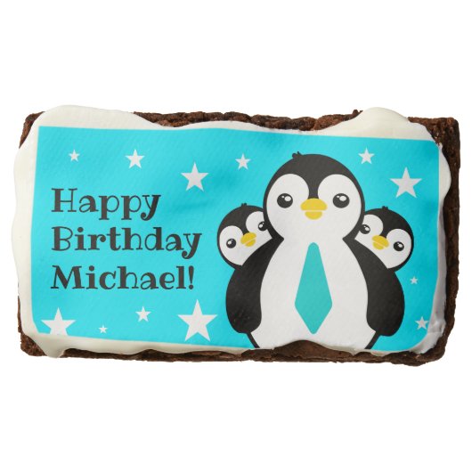 Cute Happy Birthday Boy Penguins Blue Neckties Brownie (Front)