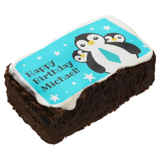 Cute Happy Birthday Boy Penguins Blue Neckties Brownie (Angled)