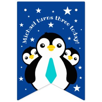 Cute Happy Birthday Boy Penguins Blue Neckties Bunting Flags