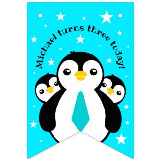 Cute Happy Birthday Boy Penguins Blue Neckties Bunting Flags