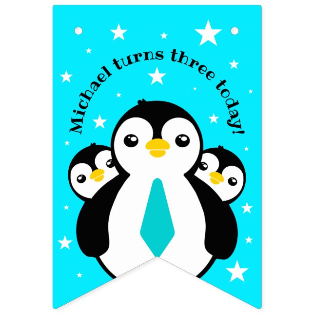 Cute Happy Birthday Boy Penguins Blue Neckties Bunting Flags (First Flag)