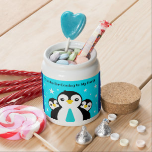 Cute Happy Birthday Boy Penguins Blue Neckties Candy Jar