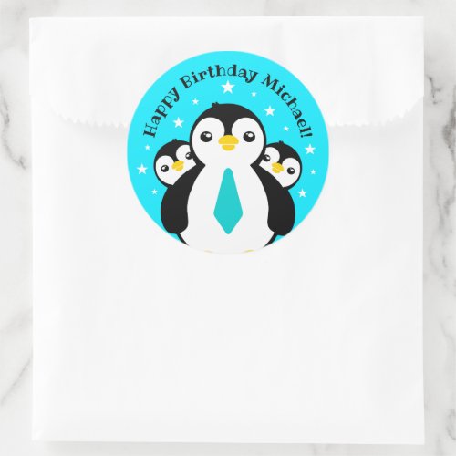 Cute Happy Birthday Boy Penguins Blue Neckties Classic Round Sticker