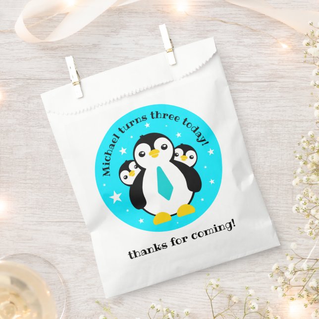 Cute Happy Birthday Boy Penguins Blue Neckties Favor Bag (Clipped)