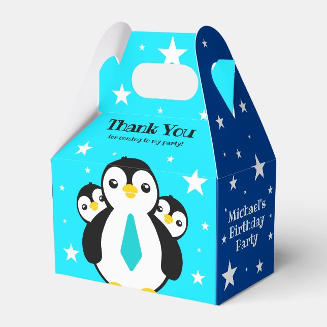 Cute Happy Birthday Boy Penguins Blue Neckties Favor Boxes (Front Side)