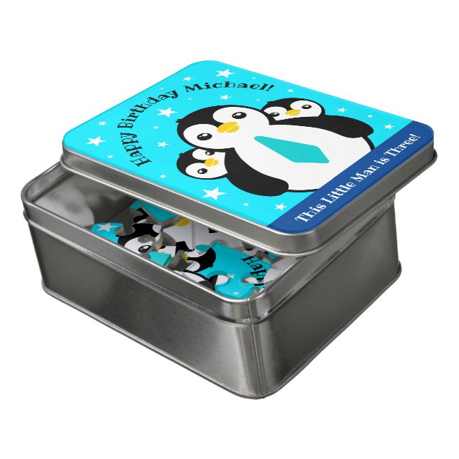 Cute Happy Birthday Boy Penguins Blue Neckties Jigsaw Puzzle (Lid Open)