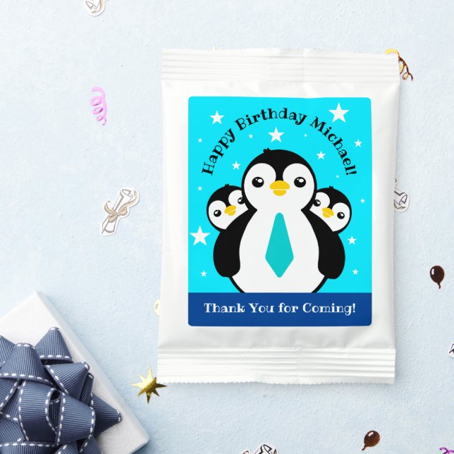 Cute Happy Birthday Boy Penguins Blue Neckties Lemonade Drink Mix (Packets)