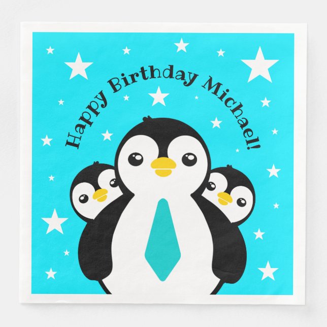 Cute Happy Birthday Boy Penguins Blue Neckties Paper Dinner Napkins (Front)