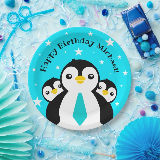 Cute Happy Birthday Boy Penguins Blue Neckties Paper Plates (Party)