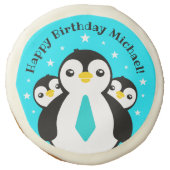 Cute Happy Birthday Boy Penguins Blue Neckties Sugar Cookie (Front)