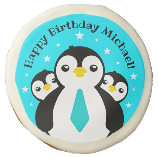 Cute Happy Birthday Boy Penguins Blue Neckties Sugar Cookie (Front)