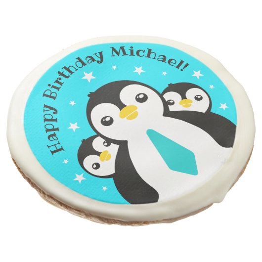 Cute Happy Birthday Boy Penguins Blue Neckties Sugar Cookie (Angled)