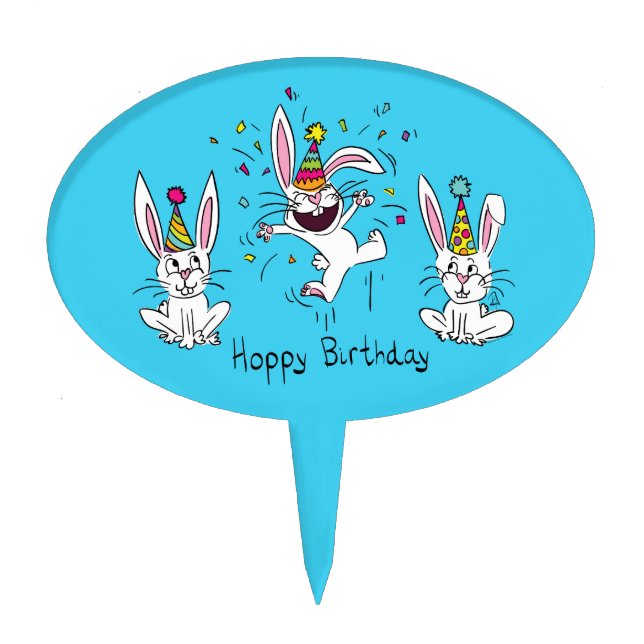 Cute Happy Birthday Bunny Rabbits Kids Cake Topper (Front)