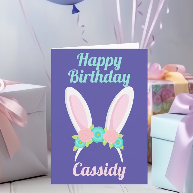 Cute Happy Birthday Bunny Tiara Purple Card (Creator Uploaded)