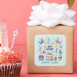 Cute Happy Birthday cake add name Square Sticker