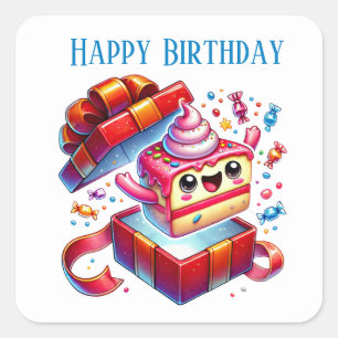 Cute Happy Birthday cake add text Square Sticker