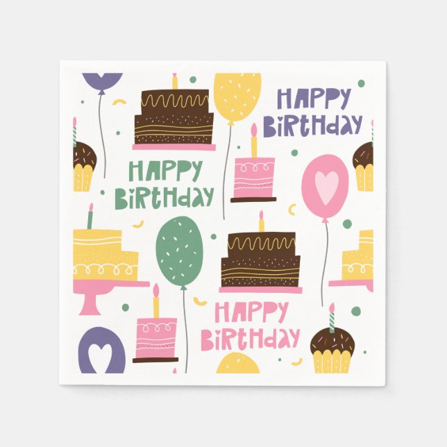 Cute Happy Birthday Cake Balloon Pattern Paper Napkins (Front)