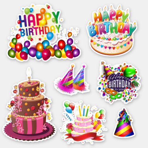 Cute Happy Birthday Cakes and Balloon Stickers