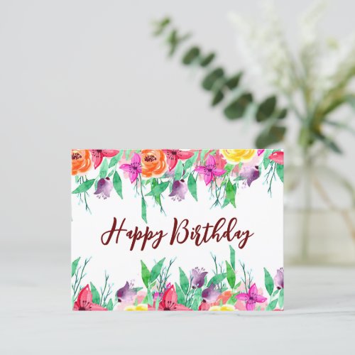 Cute Happy Birthday Card Floral Design Burgundy