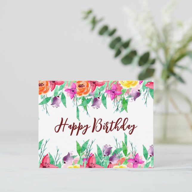 Cute Happy Birthday Card Floral Design Burgundy (Standing Front)