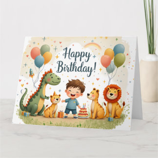Cute Happy Birthday Card with Animals and Boy