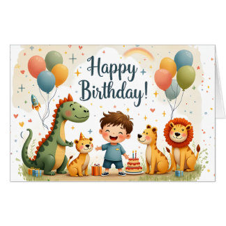 Cute Happy Birthday Card with Animals and Boy