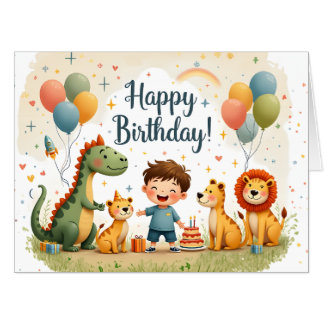 Cute Happy Birthday Card with Animals and Boy